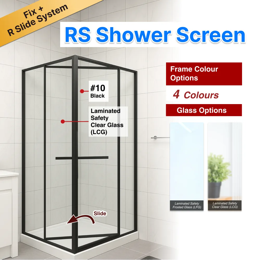 Black FS Shower Screen, Slide to Fix System with Laminated Safety Clear Glass and System Advantage