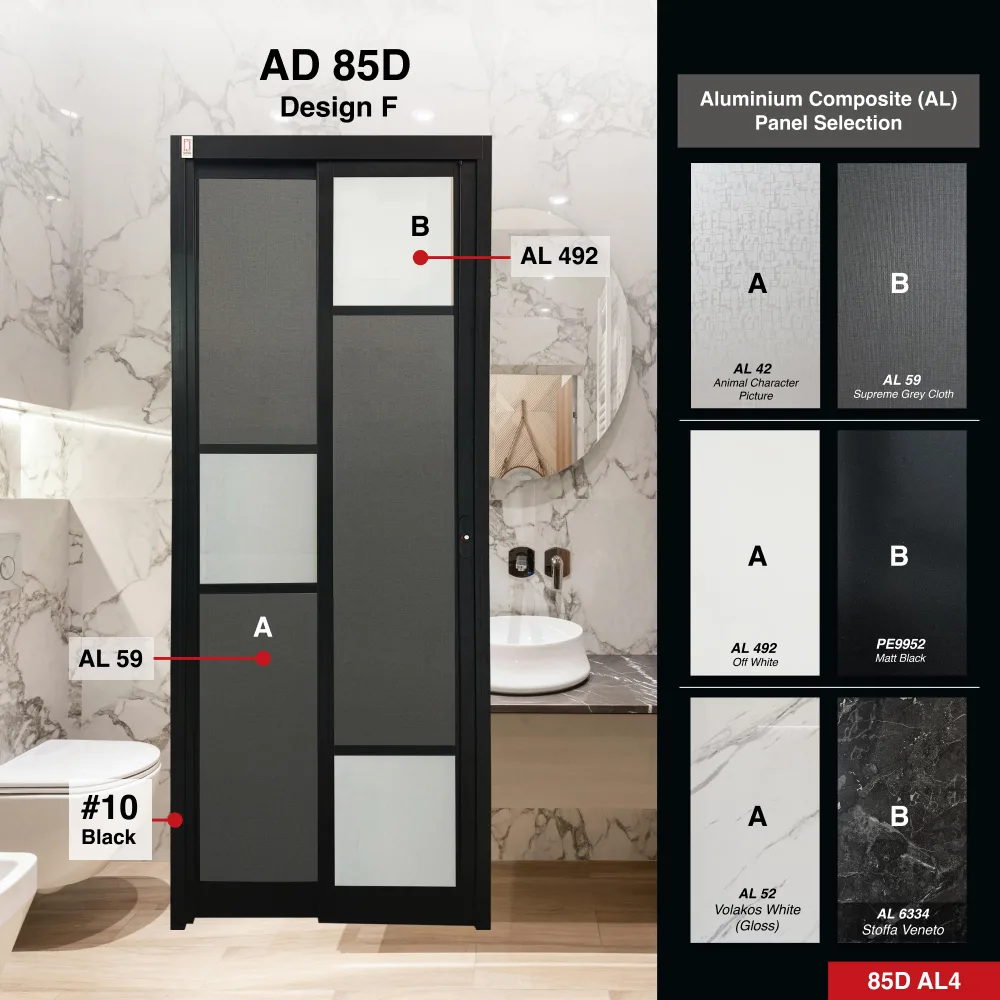 Black AD85D Slide & Swing Door 3.0 Design F Panel A: AL 59 Supreme Grey Cloth, A grey colour cloth textured Aluminium panel material and Panel B: AL 492 Off White matt coloured, smooth Aluminium Material for Bathroom