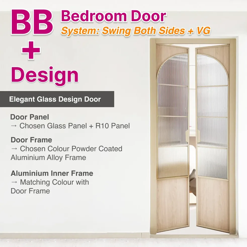 #07 Paper Bark Top Hung Aluminium Framed BB Bedroom Door (French Door) with VG Classy Invisible Hinge Swing System in Design UP3o1 with Panel A: 10R KI935, A beige wood like laminate and Panel B: Design Glass BRG Big Reeded (Fluted) Glass