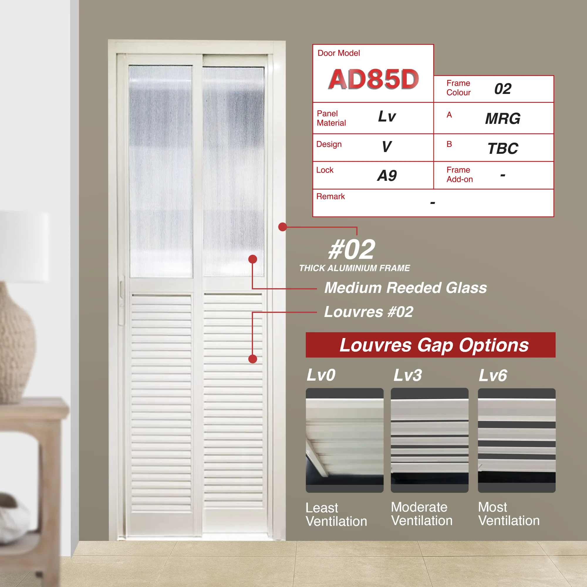 Off White Slide and Swing 3.0: AD85 Design V with Medium Reeded Glass (MRG) and Off White Louvres with the least compact blade arrangement