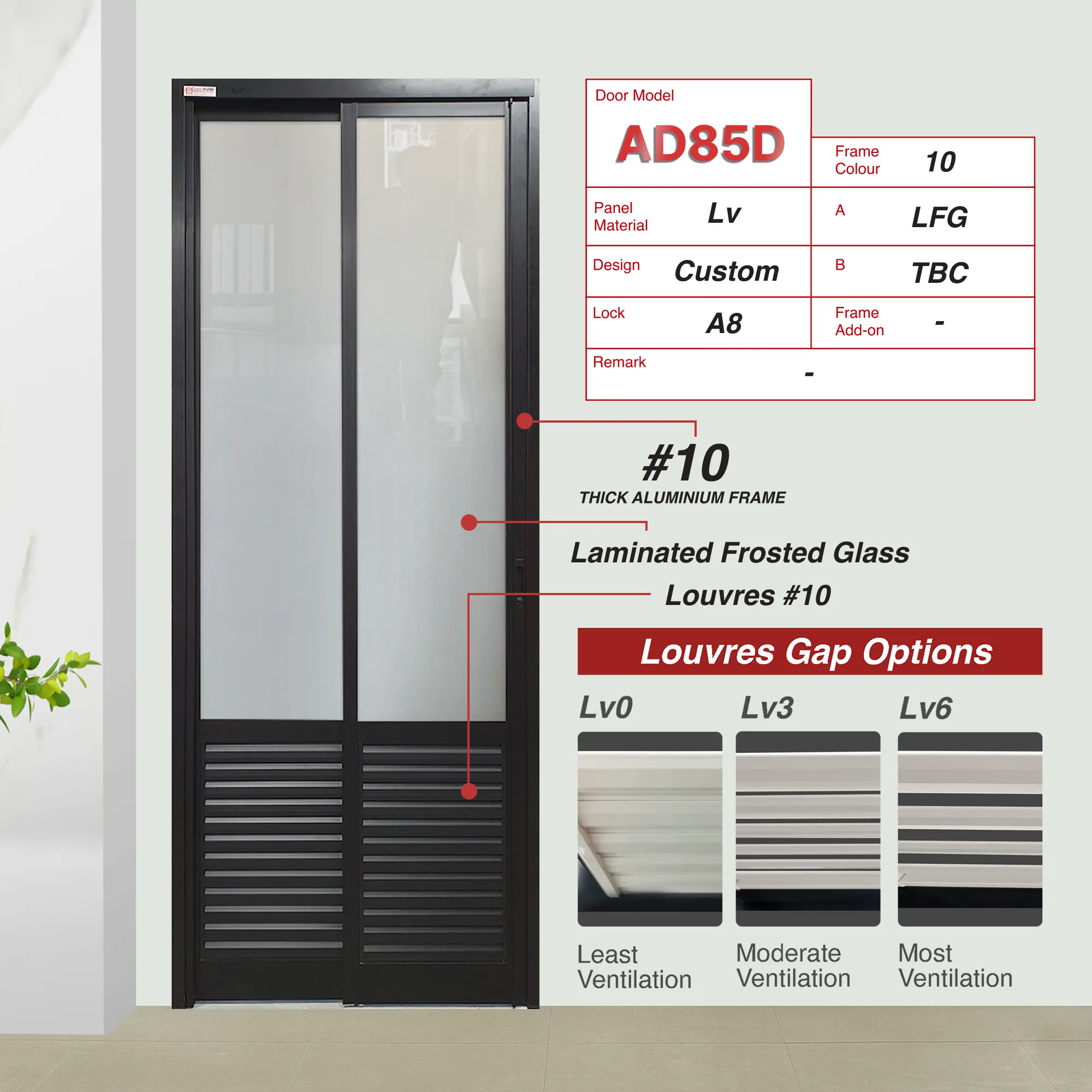 Black Slide and Swing 3.0: AD85 Design Cd with Laminated Frosted Glass (LFG) and Black Louvres that has moderately compact blade arrangement