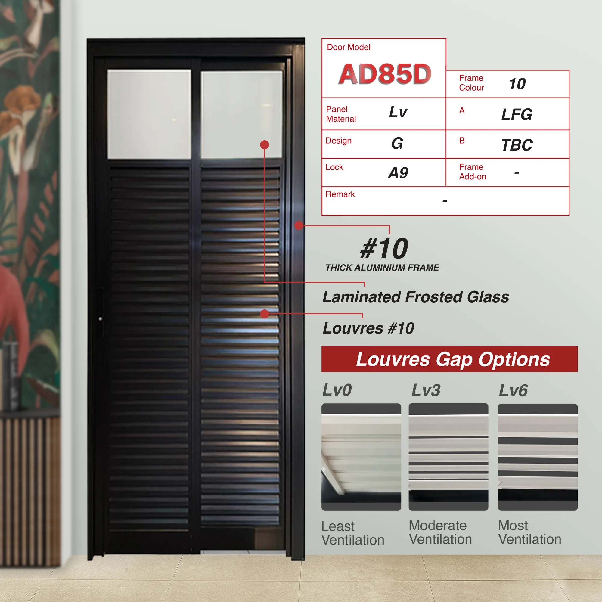 Black Slide and Swing 3.0: AD85 Design G with Laminated Frosted Glass (LFG) and Black Louvres that has moderately compact blade arrangement
