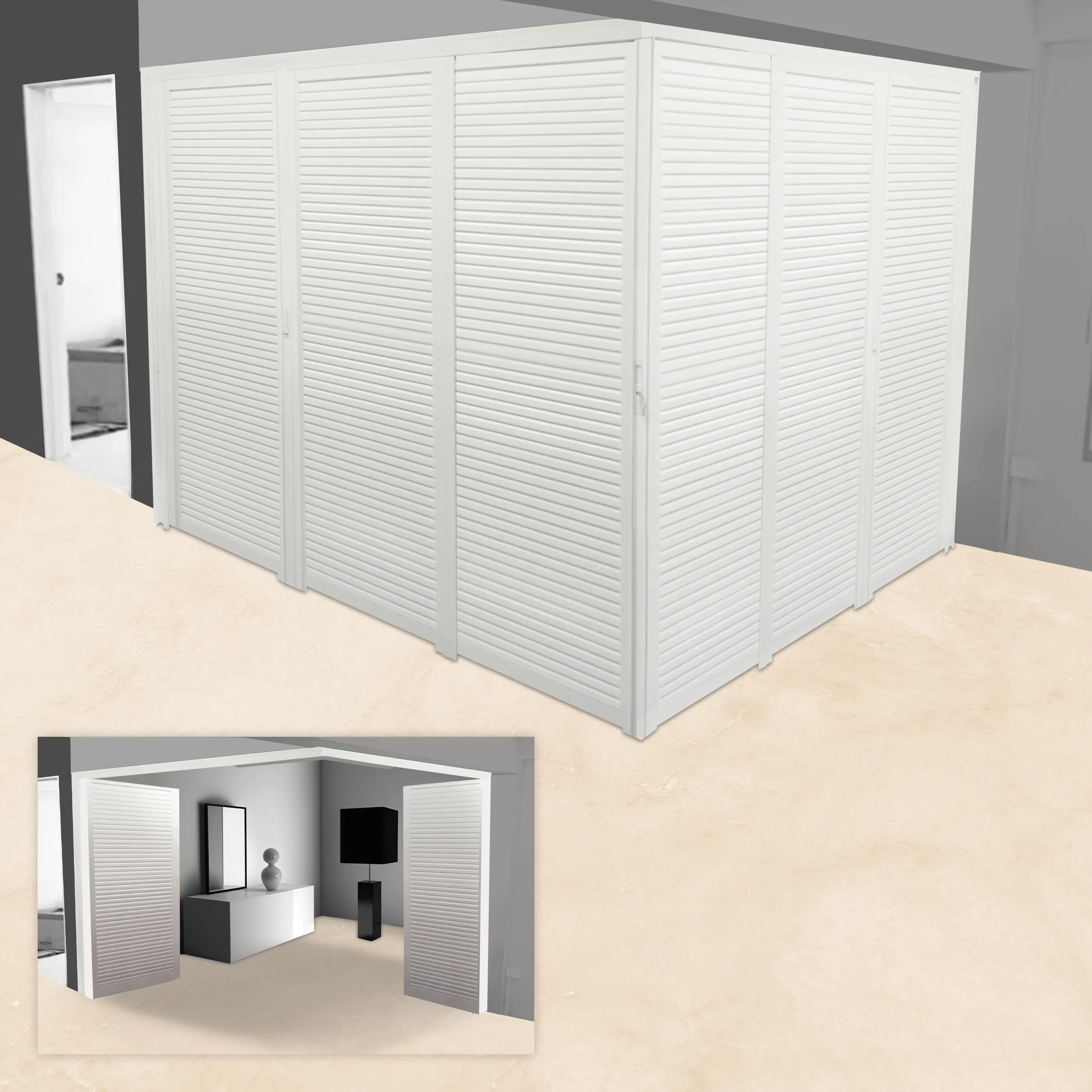 Off White 6 Panel L-shaped Divider with 2x Slide & Fold Door with Louvres in Design O Open & Closed Visual