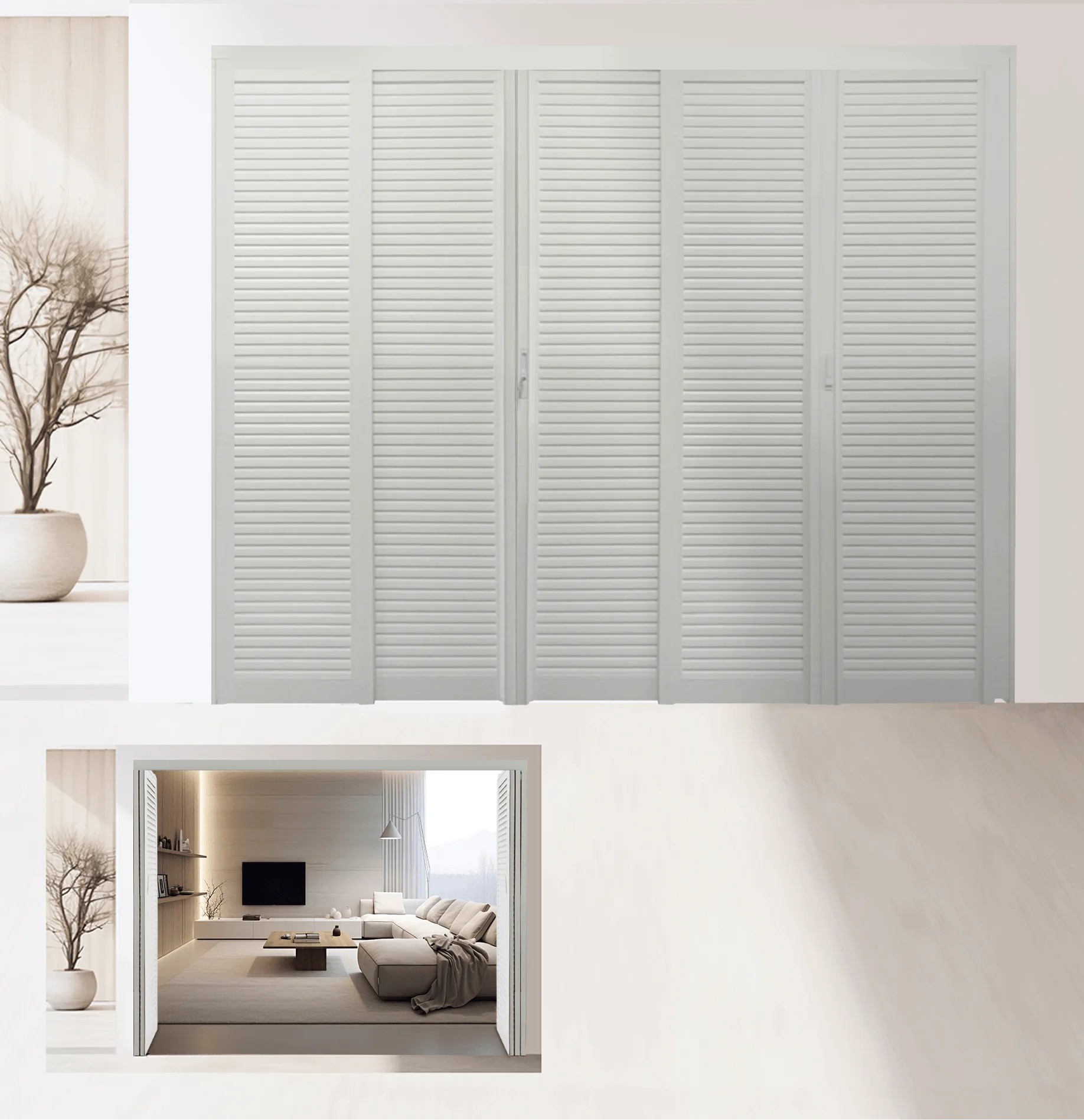 Off White 5 Panel Divider with Slide to Swing and Slide to Fold Door with Louvres in Design O Open & Closed Visual