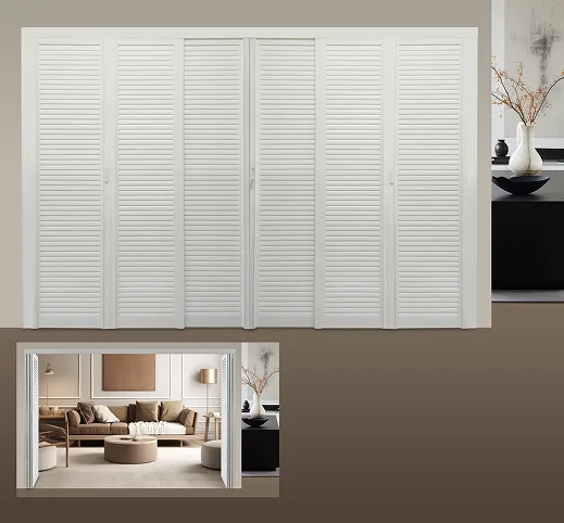 Off White 6 Panel Divider with 2x Slide & Fold Door with Louvres in Design O Open & Closed Visual