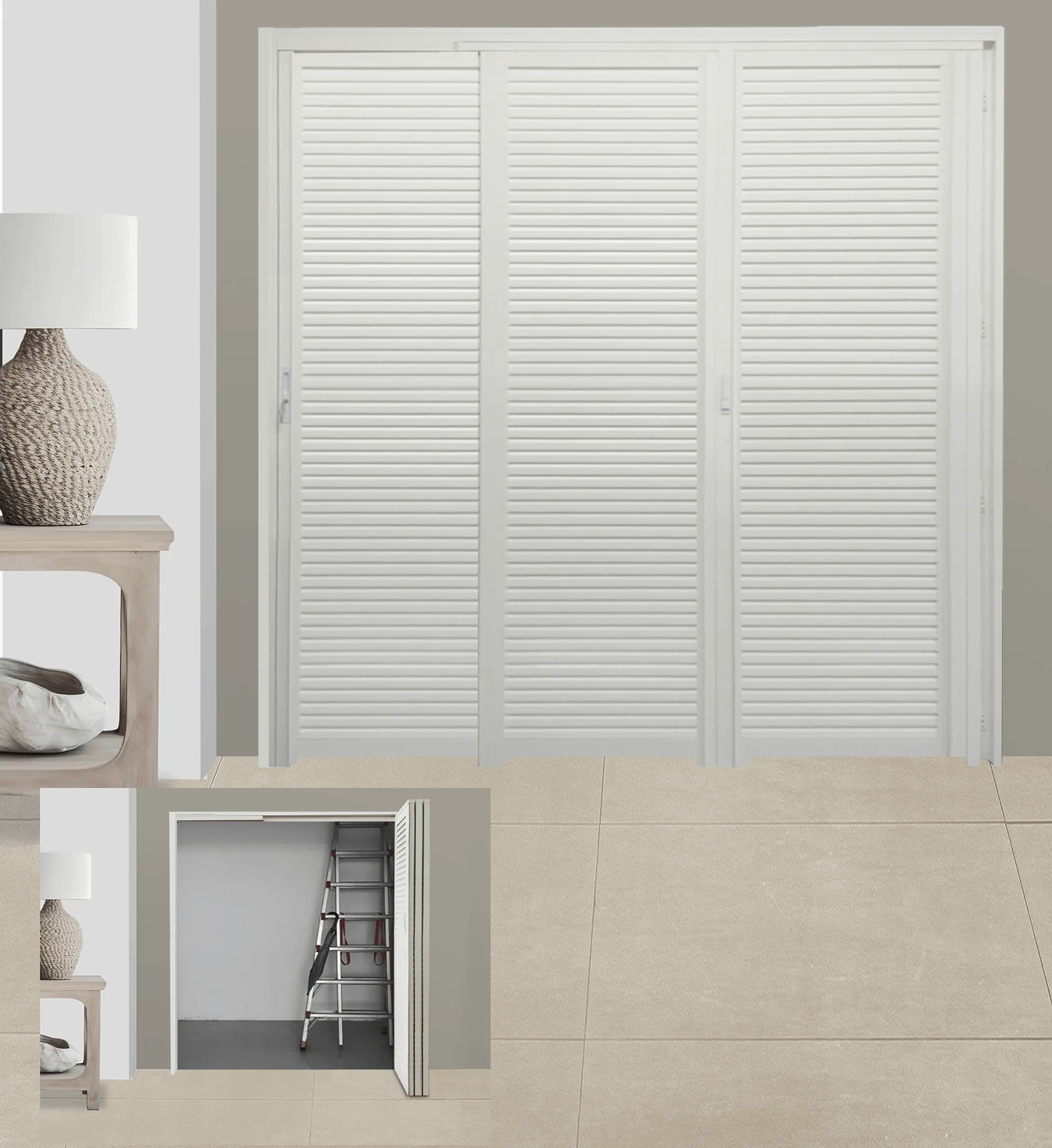 Off White Slide to Fold Door with Louvres in Design O Open & Closed Visual