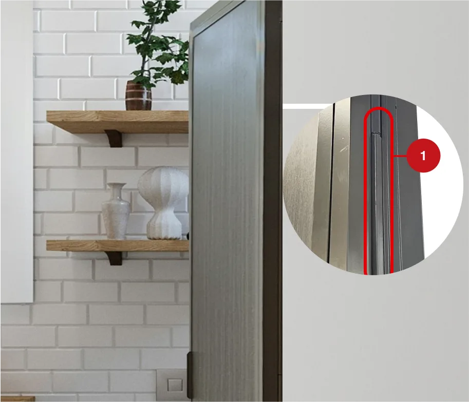 #08 Beige Grey Top Hung Aluminium Framed Pd Door 5.0 (SQ620) with Slide & Swing System with SQ Slim Frame Hinge in Design O for Bathroom in Open Position with hinge highlighted