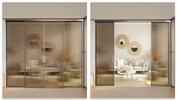 #47 Top Hung Aluminium Framed Sliding Door with 2 Top Track Sliding to Fixed Panel System in Design O with Panel A: Design Glass Big Reeded (Fluted) Glass for Living Room
