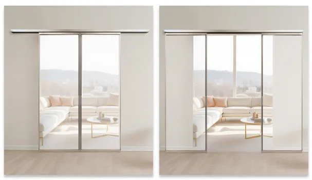 #37 Top Hung Aluminium Framed Synchronised Sliding Door with Top Track Synchronised Sliding System in Design O with Panel A: Glass Laminated Safety Clear Glass for Living Room in Open and Closed Position