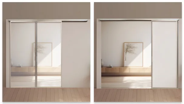 #37 Top Hung Aluminium Framed 2 Panel Synchronised Sliding Door to Wall with Top Track Synchronised Sliding System in Design O with Panel A: Glass Laminated Safety Clear Glass for Living Room in Open and Closed Position