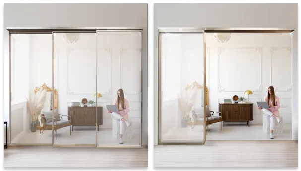 #37 Top Hung Aluminium Framed 3 Panel Synchronised Sliding Door with Top Track Synchronised Sliding System in Design O with Panel A: Glass Laminated Safety Clear Glass for Living Room in Open and Closed Position