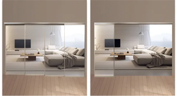 #37 Top Hung Aluminium Framed 4 Panel Synchronised Sliding Door with Top Track Synchronised Sliding System in Design O with Panel A: Glass Laminated Safety Clear Glass for Living Room in Open and Closed Position