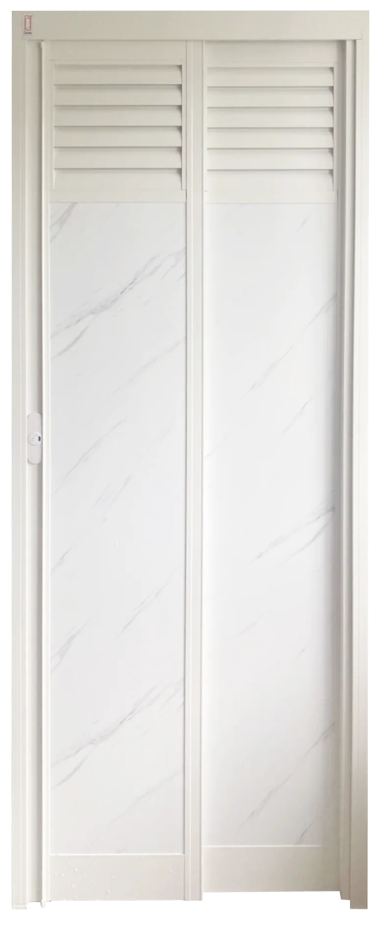 Off White Top Hung Aluminium Framed Slide and Swing Door in Design G with Off White Louvres and AL52 Volakos White (Glossy), a white marble like glossy and smooth Waterproof Aluminium panel material