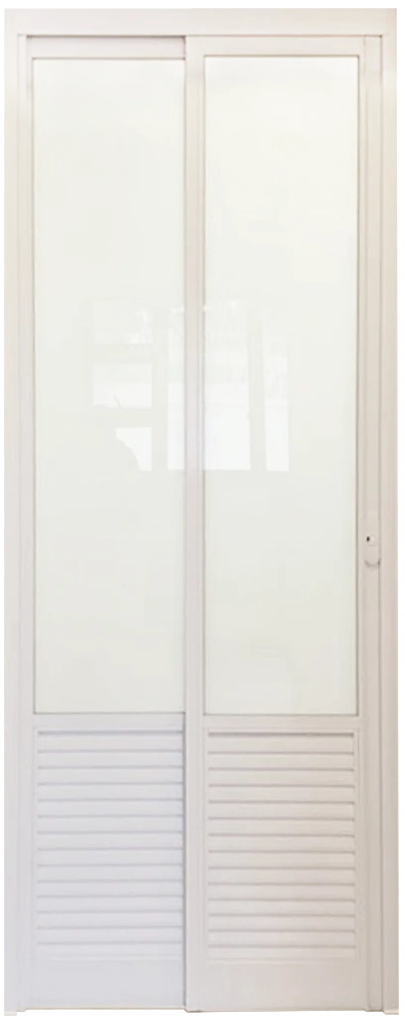 Off White Top Hung Aluminium Framed Slide and Swing Door in Custom Design with Off White Louvres and Laminated Safety Frosted Glass
