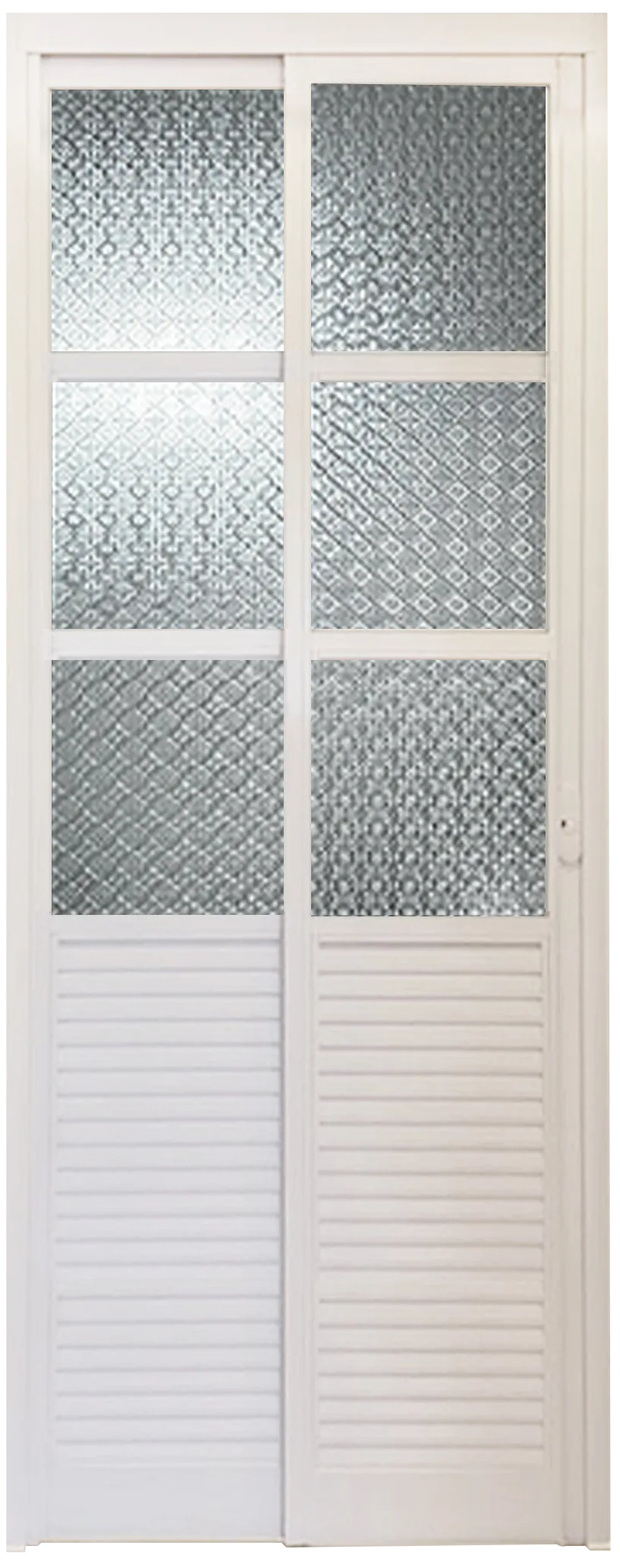 Off White Top Hung Aluminium Framed Slide and Swing Door in Custom Design with Off White Louvres and Clear Floral Glass, a Clear Peranakan Design Glass