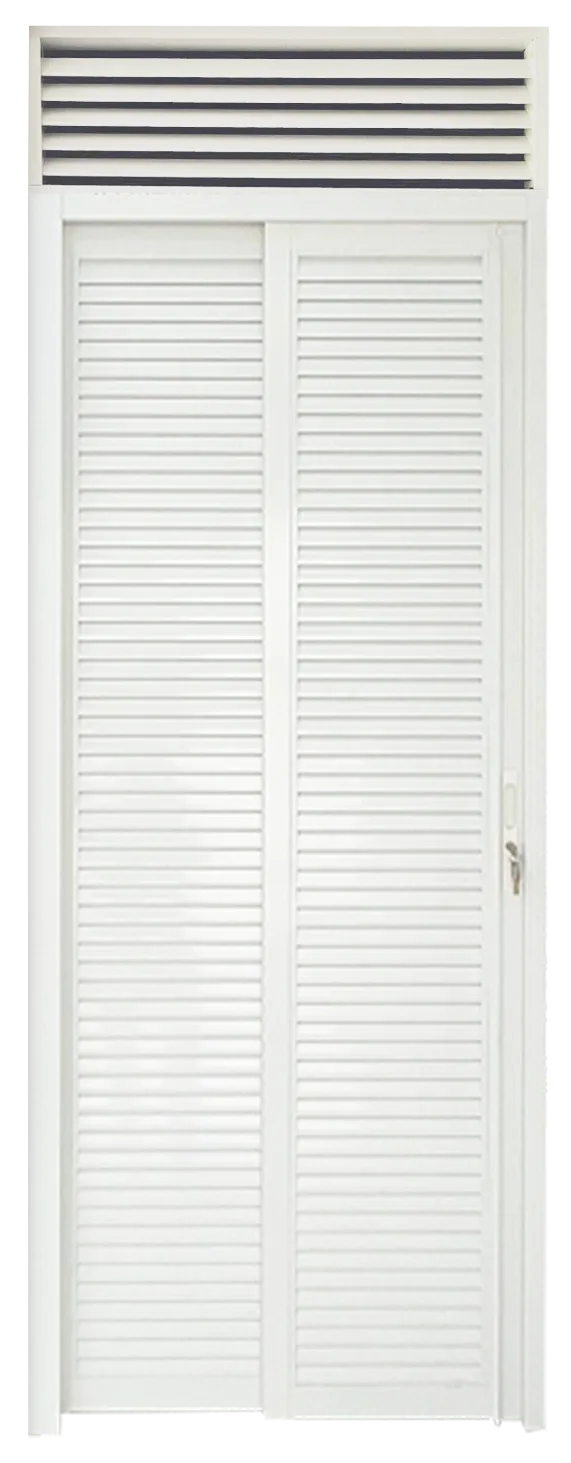 Off White Top Hung Aluminium Framed Slide and Swing Door in Design O with Off White Louvres with Box up Louvres