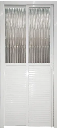 Off White Top Hung Aluminium Framed Slide and Swing Door in Design V with Off White Louvres and Medium Reeded (Fluted) Glass