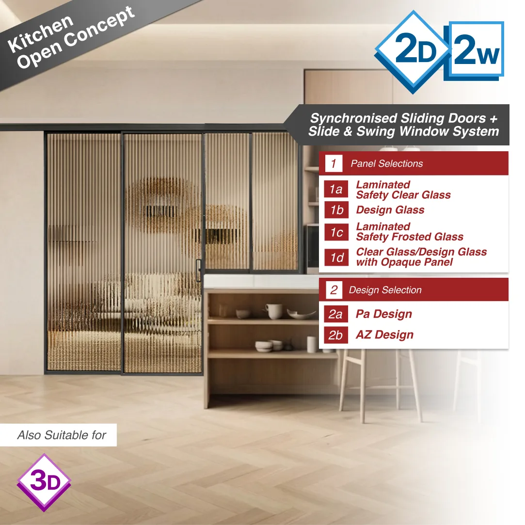 2W2D (2 Panel Window & 2 panel Door) Open Concept in Big Fluted Glass with Different Selections
