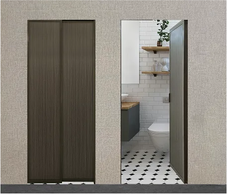 #08 Beige Grey Top Hung Aluminium Framed Pd Door 5.0 (SQ620) with Slide & Swing System with SQ Slim Frame Hinge in Design O with Panel A: 10R 1803, A dark brown wooden textured thick waterproof aluminium honeycomb panel for Bathroom