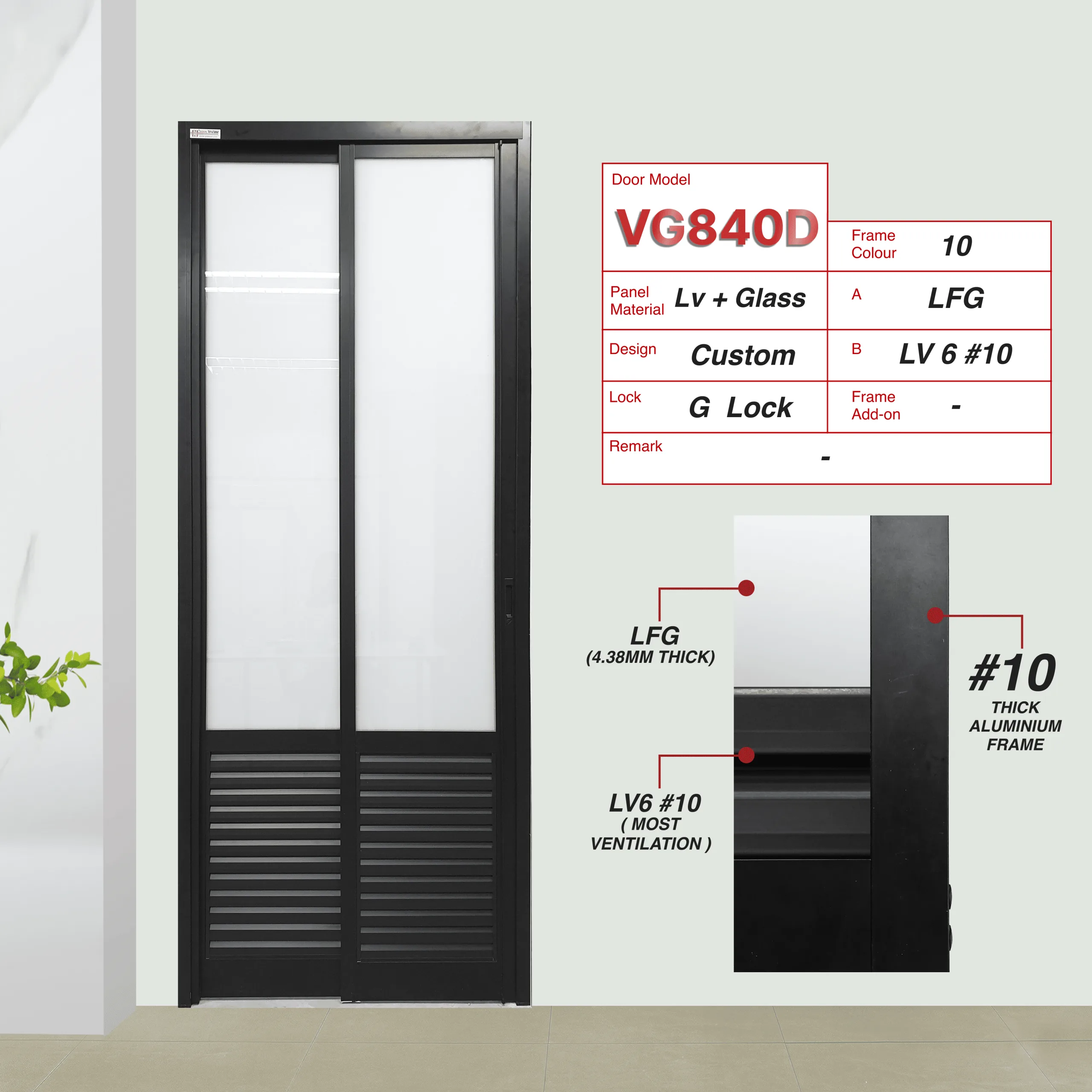 #10 Black Top Hung Aluminium Framed Pd Door 4.0 (VG840) with Slide & Swing System with Classy Invisible VG Hinge in Custom Design with Panel A: Glass LFG Laminated Safety Frosted Glass and Panel B: Louvres (with different gap sizes to choose from)
