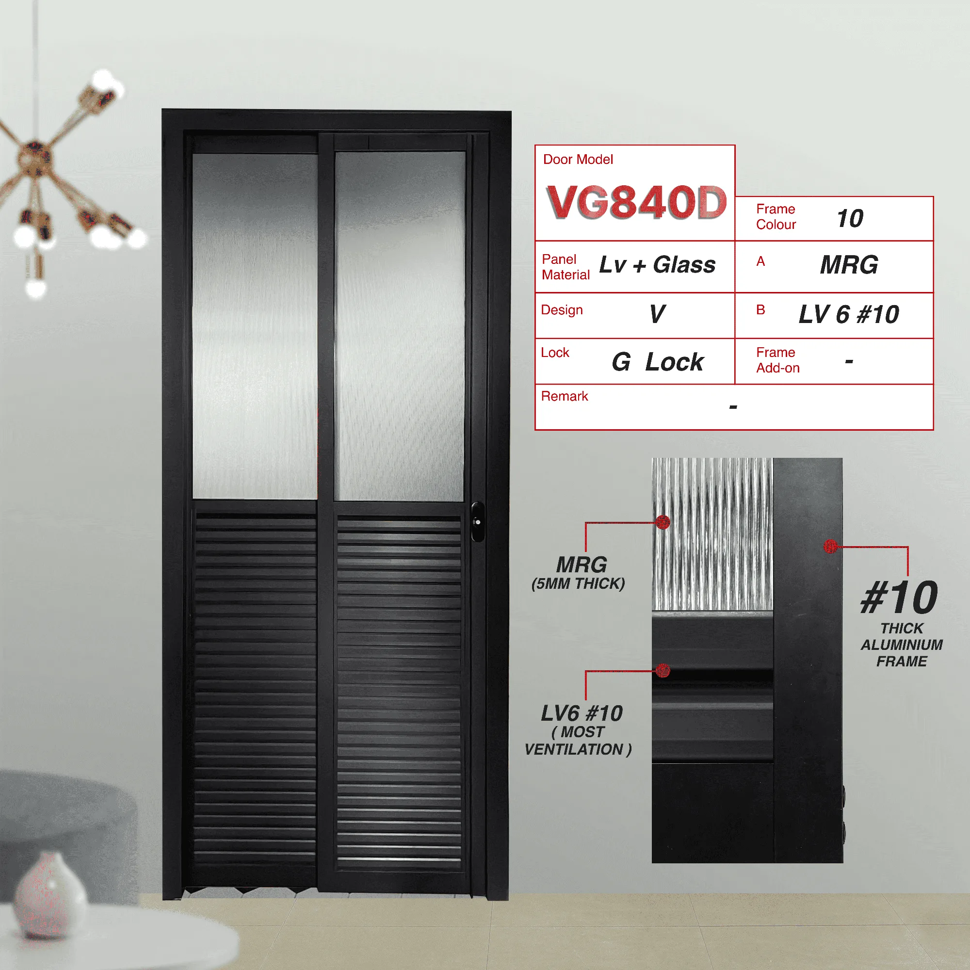 #10 Black Top Hung Aluminium Framed Pd Door 4.0 (VG840) with Slide & Swing System with Classy Invisible VG Hinge in Design V with Panel A: Design Glass (MRG) Medium Reeded (Fluted) Glass and Panel B: Louvres (with different gap sizes to choose from)