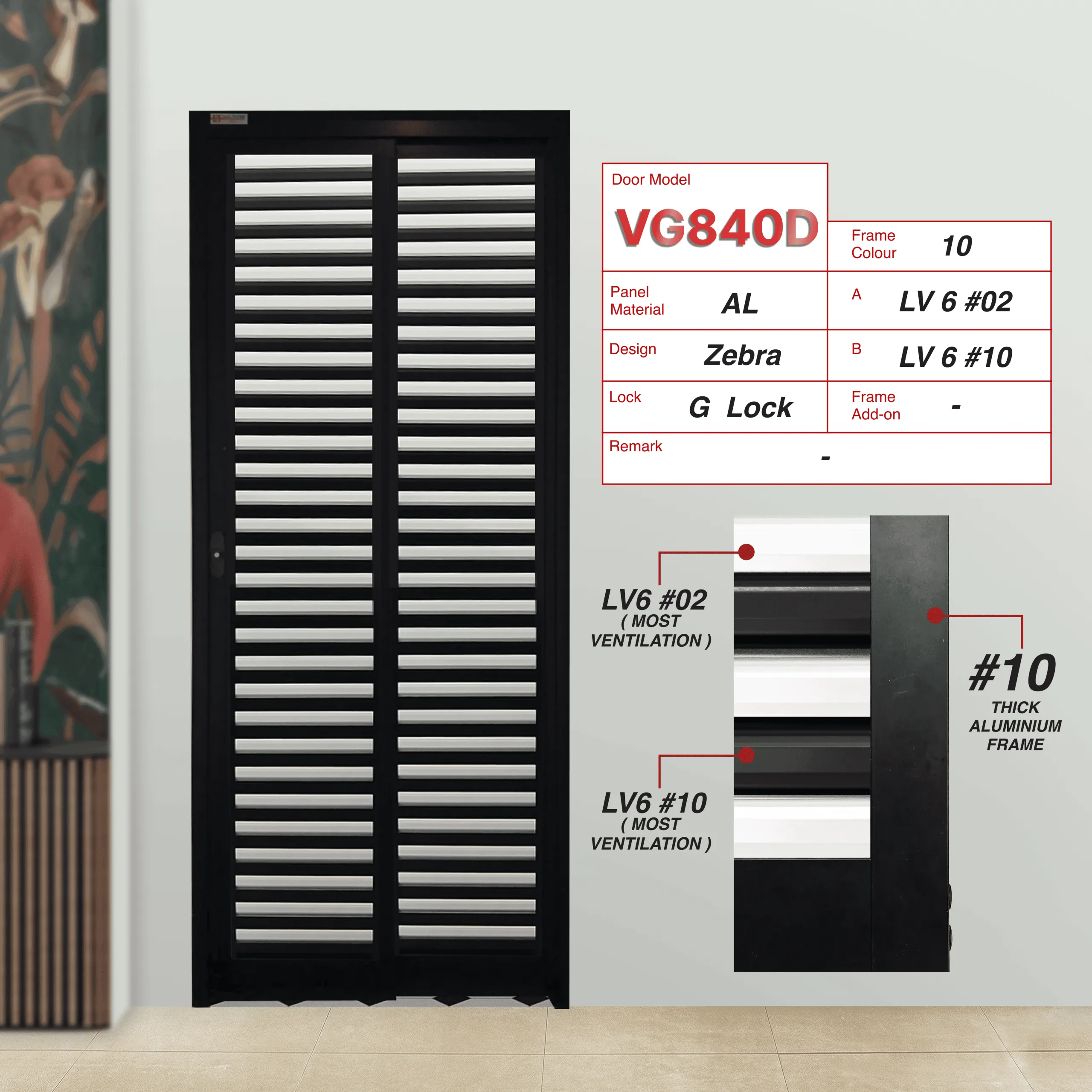 #10 Black Top Hung Aluminium Framed Pd Door 4.0 (VG840) with Slide & Swing System with Classy Invisible VG Hinge in Design O with Panel A: Louvres in Alternate Colour (with different gap sizes to choose from)