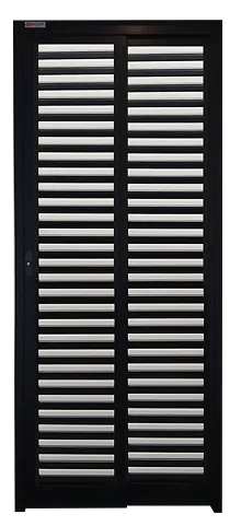 Black Top Hung Aluminium Framed Slide and Swing Door in Design O with Alternating White & Black Louvres