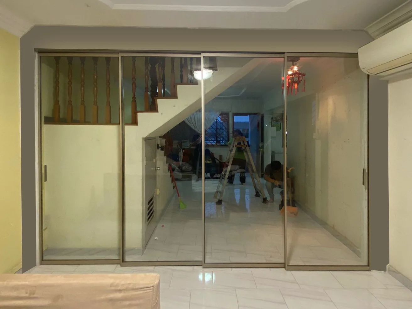 #37 Top Hung Aluminium Framed 4 Panel Synchronised Sliding Door with Top Track Synchronised Sliding System in Design O with Panel A: Glass Laminated Safety Clear Glass for Living Room