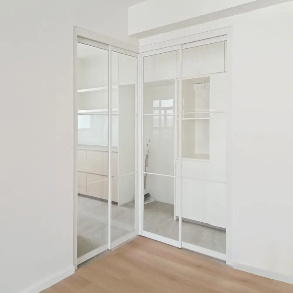 #02 Off White Top Hung Aluminium Framed L Shaped Slide & Swing Door (2D_L_2D)  with Slide & Swing System with Classy Invisible VG Hinge in Design L with Panel A: Design Glass LCG Laminated Safety Clear Glass for Living Room and Kitchen