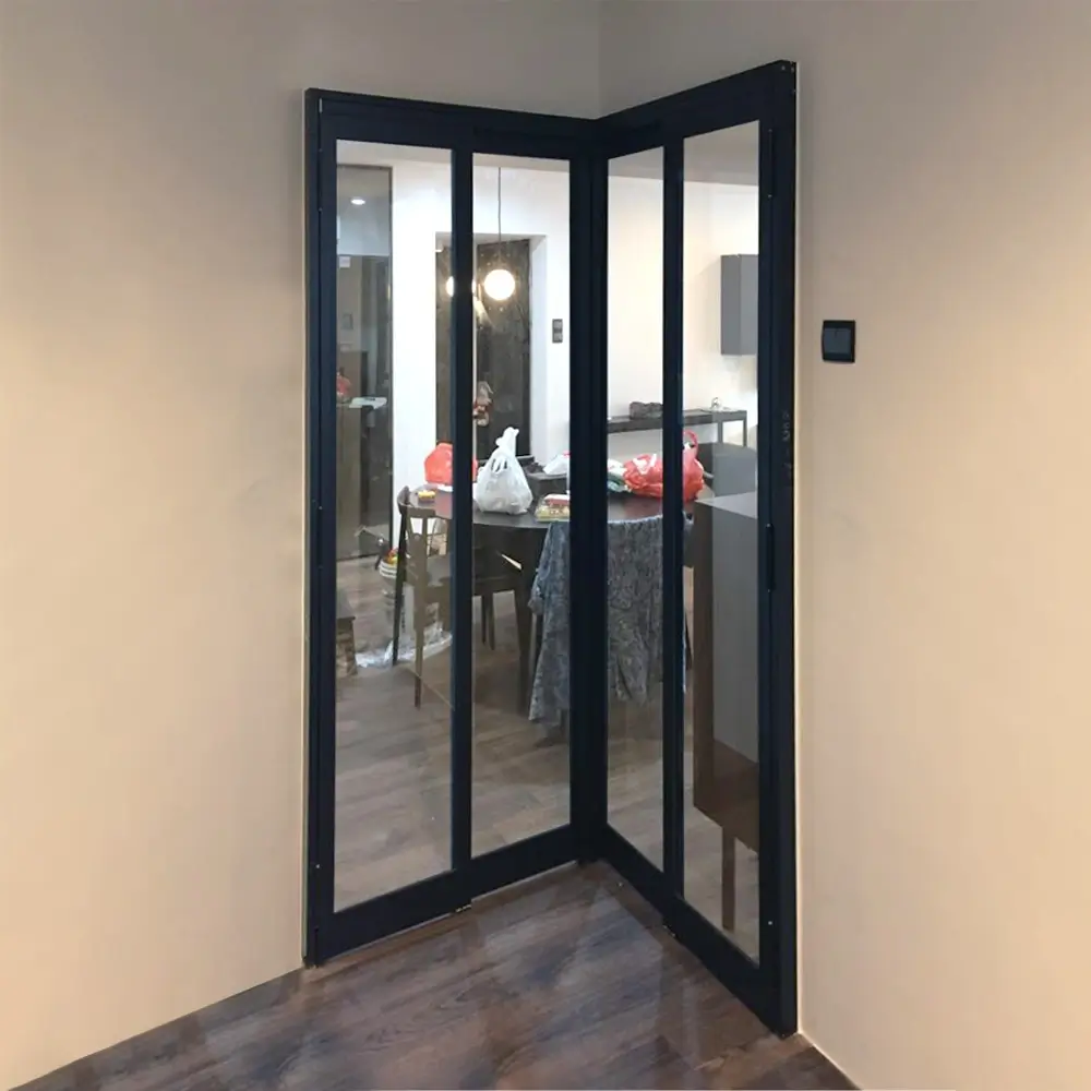 #10 Black Top Hung Aluminium Framed L Shaped Divider with Slide & Swing Door (2D_L_2D)  with Slide & Swing System with Classy Invisible VG Hinge in Design O with Panel A: Design Glass LCG Laminated Safety Clear Glass for Living Room and Kitchen