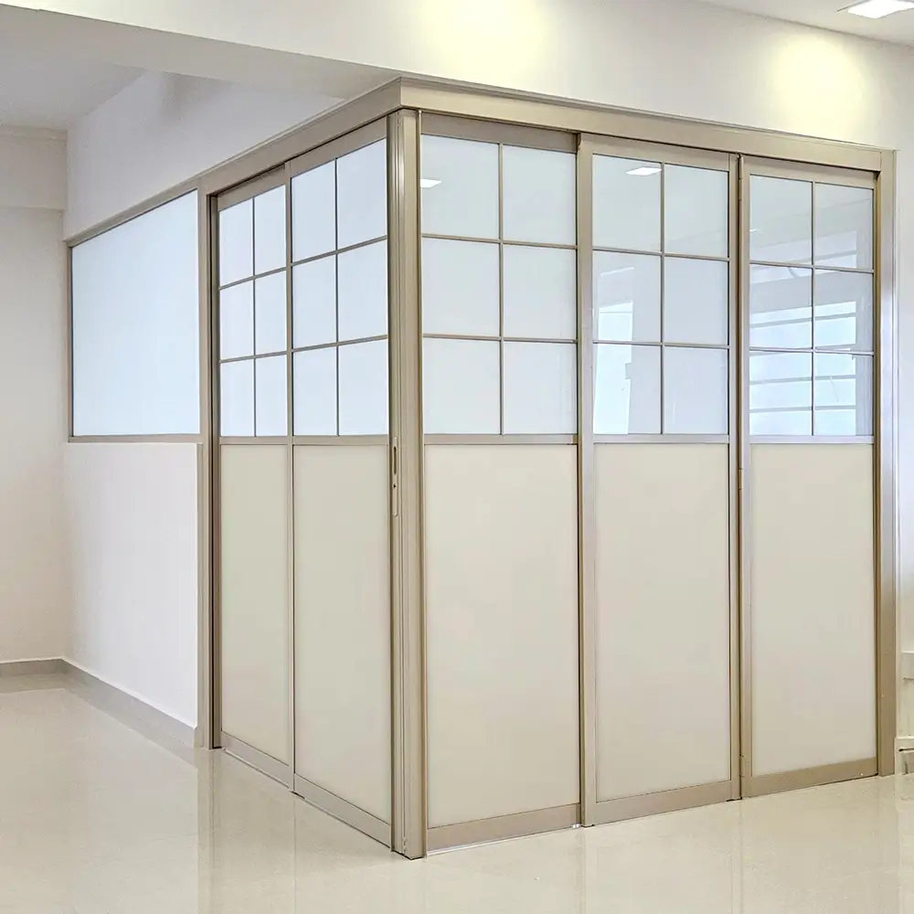 #07 Paper Bark Top Hung Aluminium Framed L Shaped Divider with Slide & Swing Door (2D_L_3D) with Slide-to-Fold and Slide & Swing System with Invisible VG Hinge in Custom Design with Panel A: Design Glass LFG Laminated Safety Frosted Glass and Panel B: AL 60 White Kaki Cloth, A light colour cloth textured Waterproof Aluminium panel material for Living Room