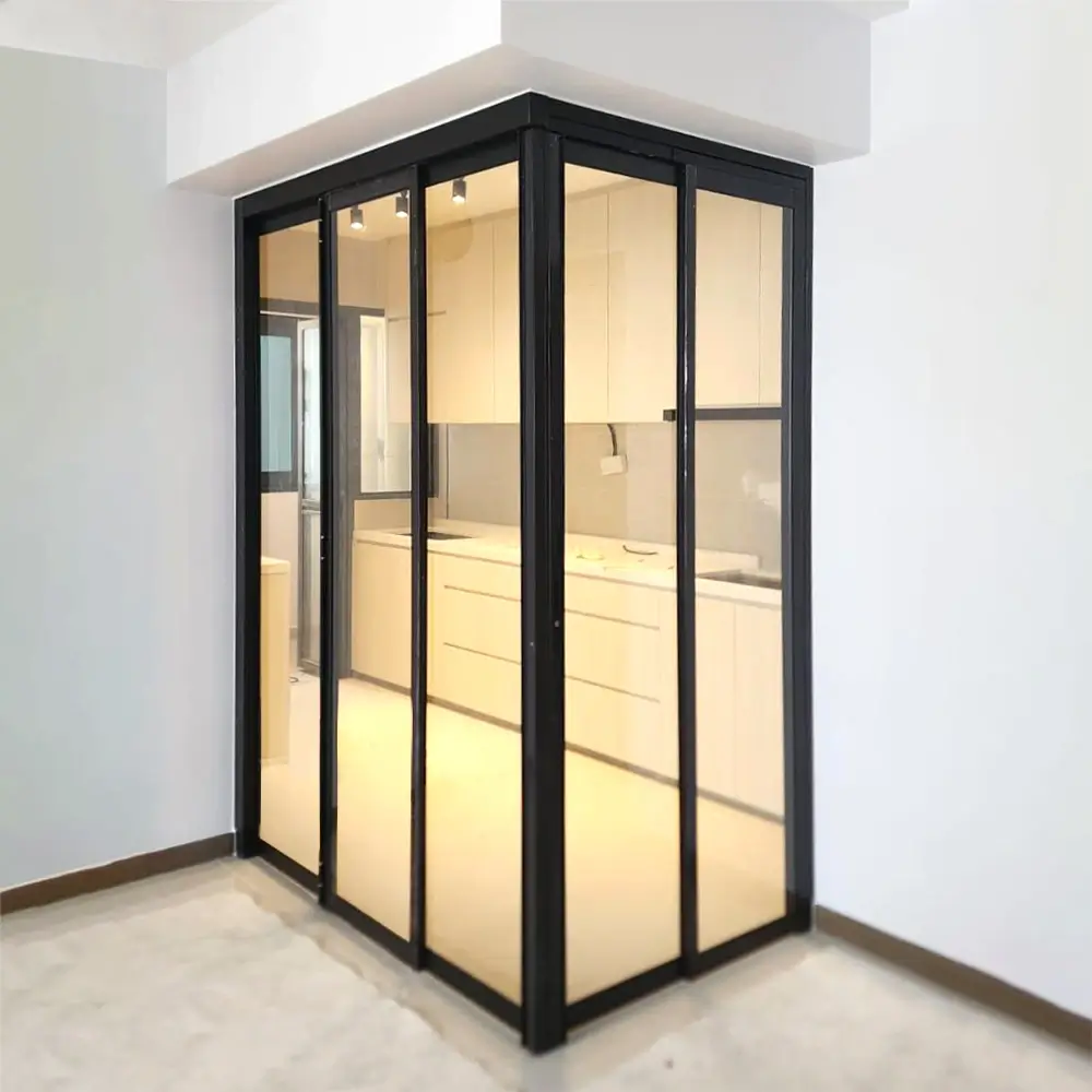 #10 Black Top Hung Aluminium Framed L Shaped Slide & Swing Door (3D_L_2D) with Slide-to-Fold and Slide & Swing System with Invisible VG Hinge in Design O with Panel A: Design Glass LCG Laminated Safety Clear Glass for Living Room and Kitchen