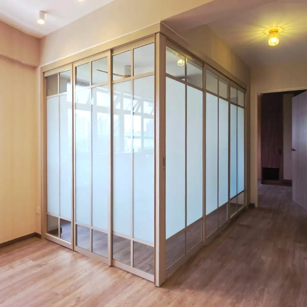 #07 Paper Bark Top Hung Aluminium Framed L Shaped Divider with  Slide & Swing Door (3D_L_3D) with Slide to Fold System and Classy Invisible VG Hinge in Design A with Panel A: Design Glass LCG Laminated Safety Clear Glass and Panel B: Design Glass LFG Laminated Safety Frosted Glass for Living Room