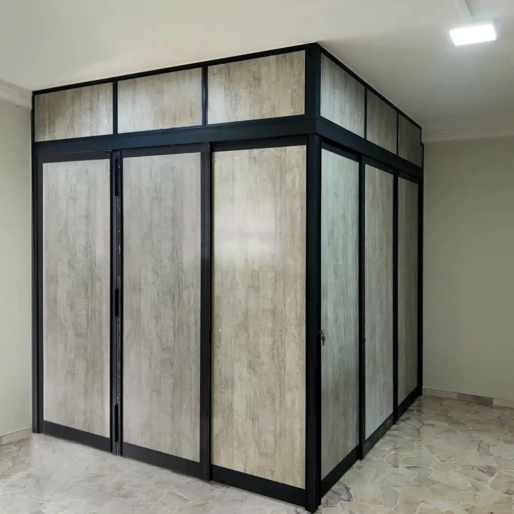 #10 Black Top Hung Aluminium Framed L Shaped Divider with  Slide & Swing Door (3D_L_3D) and Box Up with Slide to Fold System and Classy Invisible VG Hinge in Design O with Panel A: AL 5610 5610 City Chic Stone Aesthetic Waterproof Aluminium panel material for Living Room