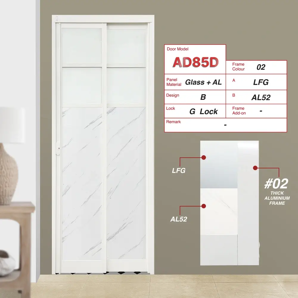 Off White Slide and Swing 3.0: AD85 Slide and Swing Door Design B with Lami Frosted Glass (LFG) and Volakos White [Glossy] (AL52)