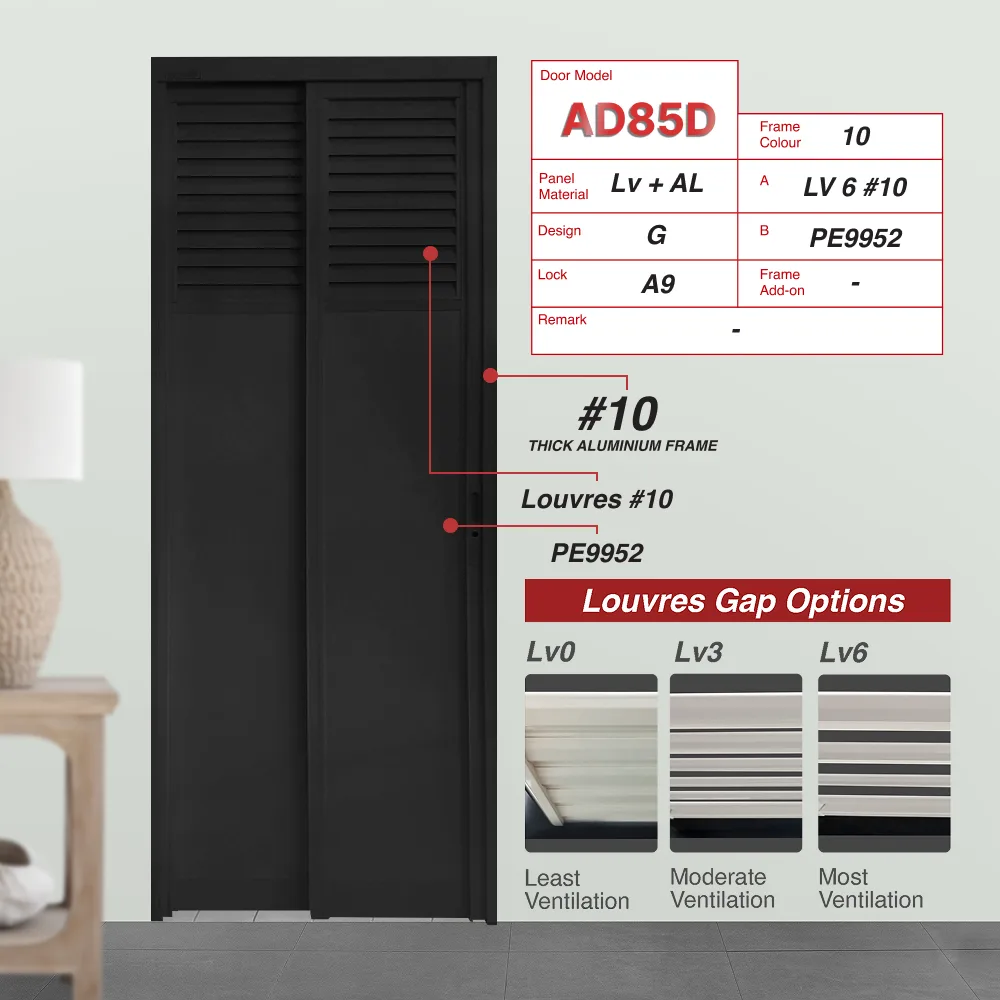 #10 Black Top Hung Aluminium Framed Pd Door 3.0 (AD85D) with Slide & Swing System with Matching Colour Hinge in Design G with Panel A:PE9952 Black matt coloured, smooth Waterproof Aluminium panel material and Panel B: Louvres (with different gap sizes to choose from)
