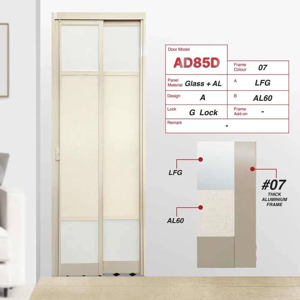 Paper Bark Slide and Swing 3.0: AD85 Slide and Swing Door Design A with Lami Frosted Glass (LFG) and White Kaki Cloth (AL60)