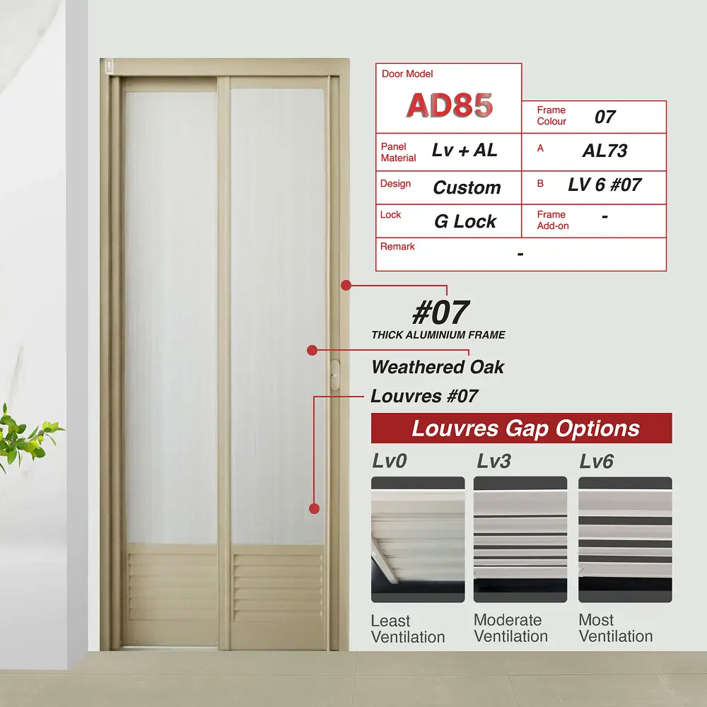 #07 Paper Bark Top Hung Aluminium Framed Pd Door 3.0 (AD85) with Slide & Swing System with Matching Colour Hinge in Custom Design with Panel A: AL 73 Weathered Oak, a white wood like aesthetic Waterproof Aluminium panel material and Panel B: Louvres (with different gap sizes to choose from) for Bathroom