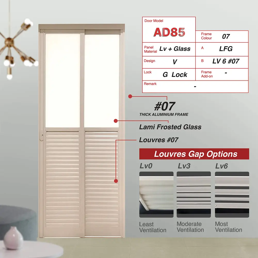#07 Paper Bark Top Hung Aluminium Framed Pd Door 3.0 (AD85) with Slide & Swing System with Matching Colour Hinge in Design V with Panel A: Glass LFG Laminated Safety Frosted Glass and Panel B: Louvres (with different gap sizes to choose from) for Bathroom