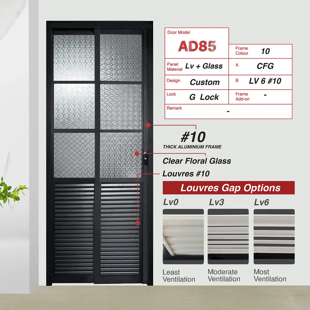 #10 Black Top Hung Aluminium Framed Pd Door 3.0 (AD85) with Slide & Swing System with Matching Colour Hinge in Custom Design with Panel A: Glass CFG Clear Floral Glass, a Clear Peranakan Design Glass and Panel B: Louvres (with different gap sizes to choose from) for Bathroom