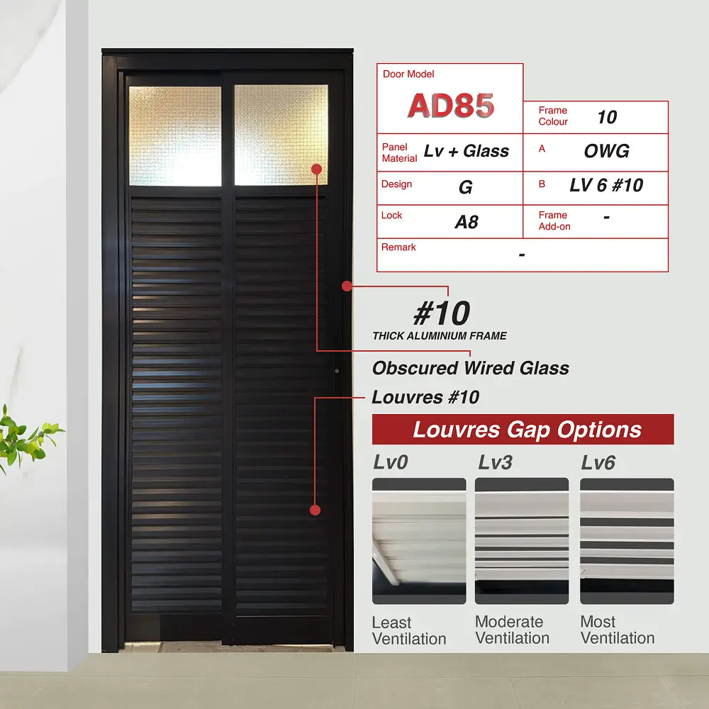 #10 Black Top Hung Aluminium Framed Pd Door 3.0 (AD85) with Slide & Swing System with Matching Colour Hinge in Design G with Panel A: Glass OWS Obscured Wired Glass and Panel B: Louvres (with different gap sizes to choose from) for Bathroom