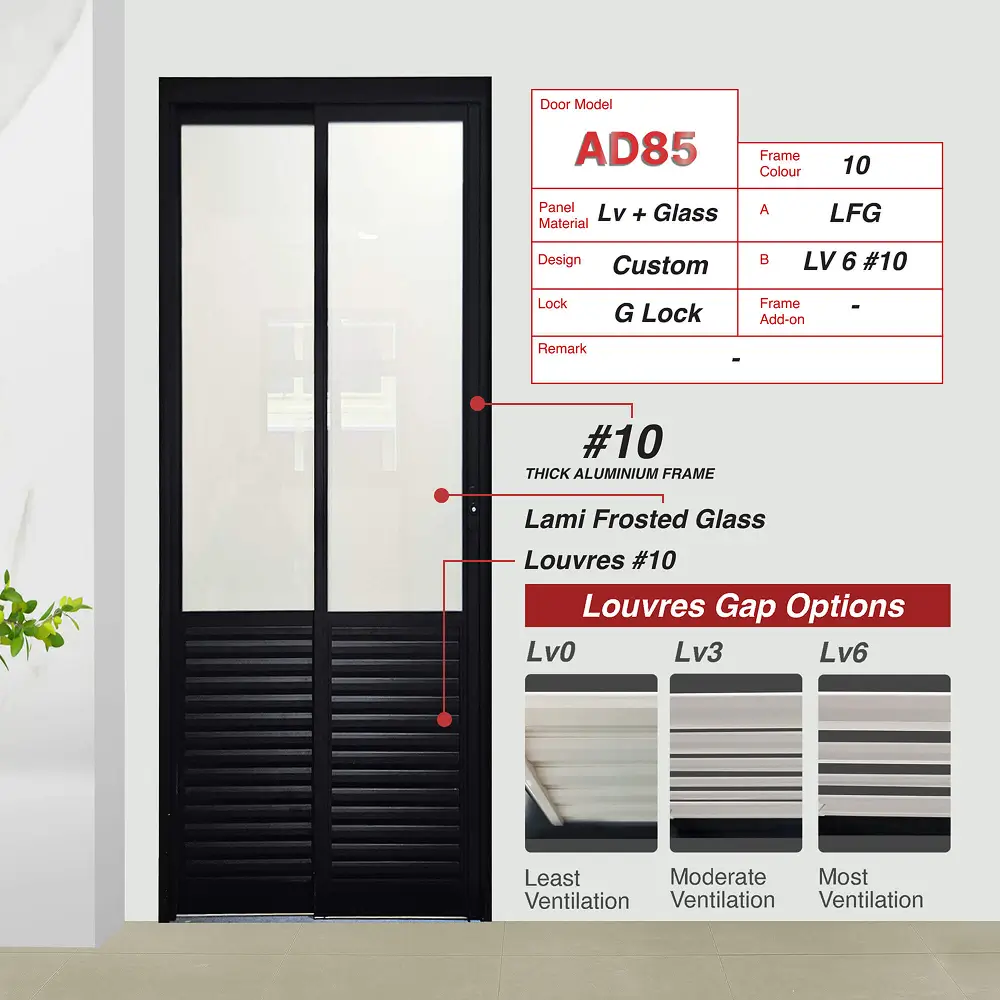 #10 Black Top Hung Aluminium Framed Pd Door 3.0 (AD85) with Slide & Swing System with Matching Colour Hinge in Custom Design with Panel A: Glass LFG Laminated Safety Frosted Glass and Panel B: Louvres (with different gap sizes to choose from) for Bathroom