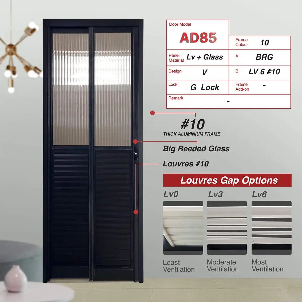 #10 Black Top Hung Aluminium Framed Pd Door 3.0 (AD85) with Slide & Swing System with Matching Colour Hinge in Design V with Panel A: Glass BRG Big Reeded (Fluted) Glass and Panel B: Louvres (with different gap sizes to choose from) for Bathroom