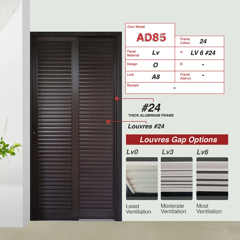 #24 Woodgrain Walnut Top Hung Aluminium Framed Pd Door 3.0 (AD85) with Slide & Swing System with Matching Colour Hinge in Design O with Panel A: Louvres (with different gap sizes to choose from) for Bathroom