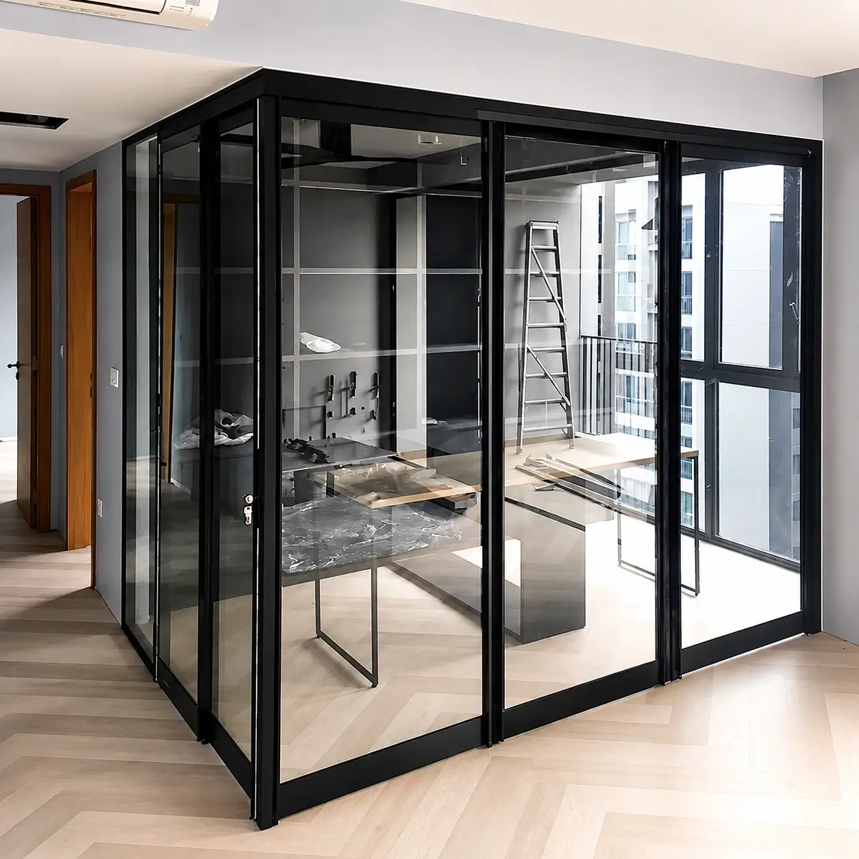 #10 Black Top Hung Aluminium Framed L-Shaped Divider with Fixed Panel, 2-Panel Slide & Swing Door and 3-Panel Folding Door (Fix + 2D_L_3D) with Slide-to-Fold and Slide & Swing System with Invisible VG Hinge in Design O with Panel A: Design Glass LCG Laminated Safety Clear Glass for Living Room