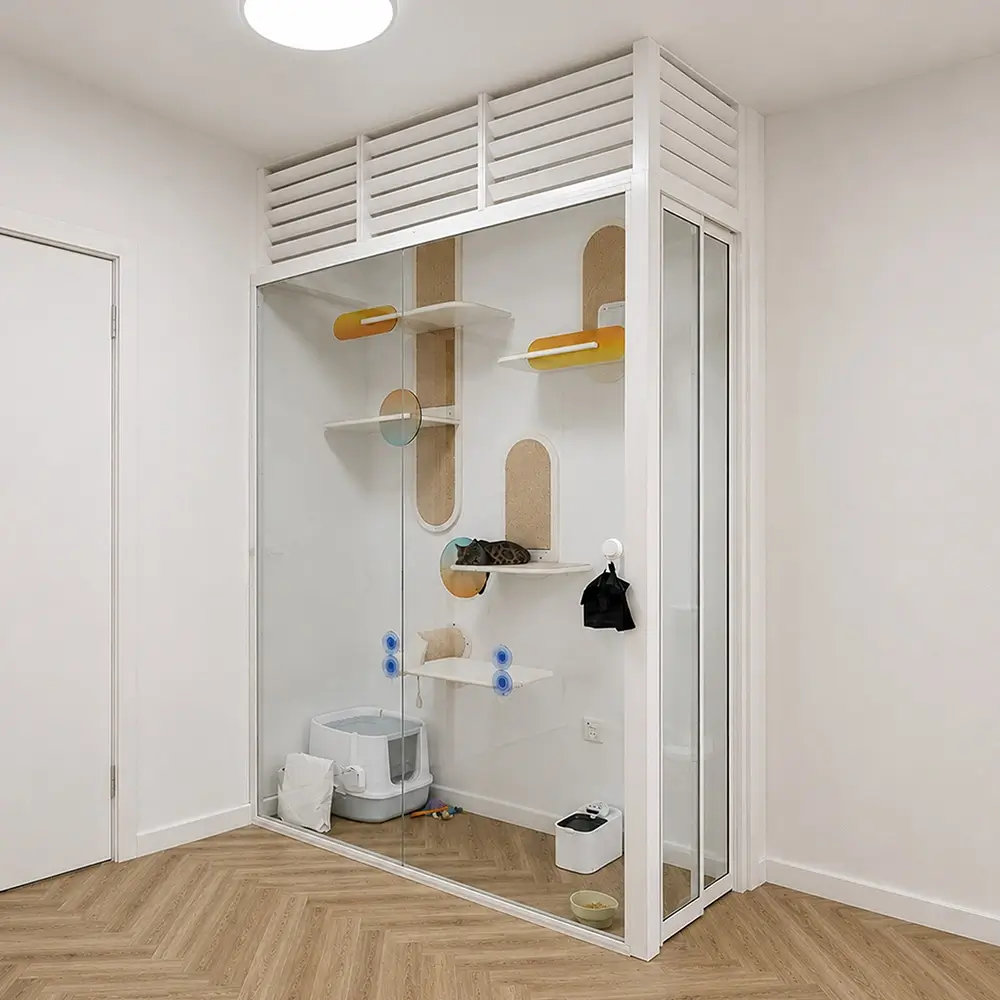 #02 Off White Top Hung Aluminium Louvres Framed L-Shaped Divider with Fixed Panel and Slide & Swing Door (Fix + VG822) with Slide & Swing System with Classy Invisible VG Hinge in Design O with Panel A: Design Glass LCG Laminated Safety Clear Glass for Living Room and Pet Corner