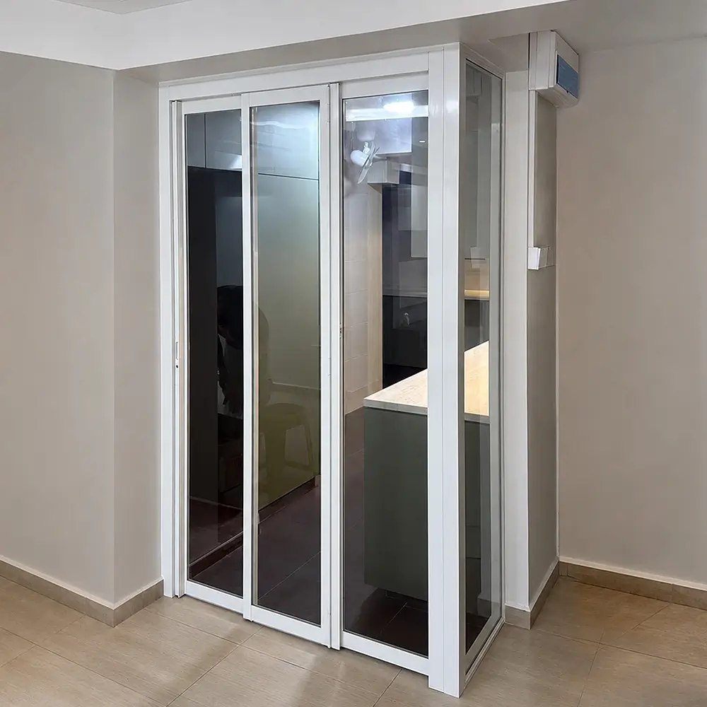 #02 Off White Top Hung Aluminium Framed L-Shaped Divider with 3-Panel Folding Door (VG2840) + Fixed Panel (3D + Fix)  with Slide to Fold System and Classy Invisible VG Hinge in Design O with Panel A: Design Glass LCG Laminated Safety Clear Glass for Living Room and Kitchen