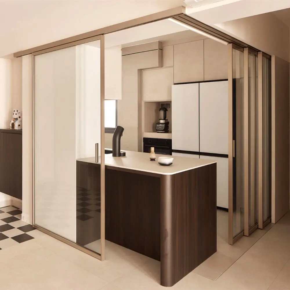 #07 Paper Bark Top Hung Aluminium Framed L-Shaped Sliding Door and Synchronised 3-Panel Wall Sliding Door (SL2271 + Wx3) with Top Track Sliding System with Synchronised Sliding System in Design O with Panel A: Design Glass LCG Laminated Safety Clear Glass  for Living Room