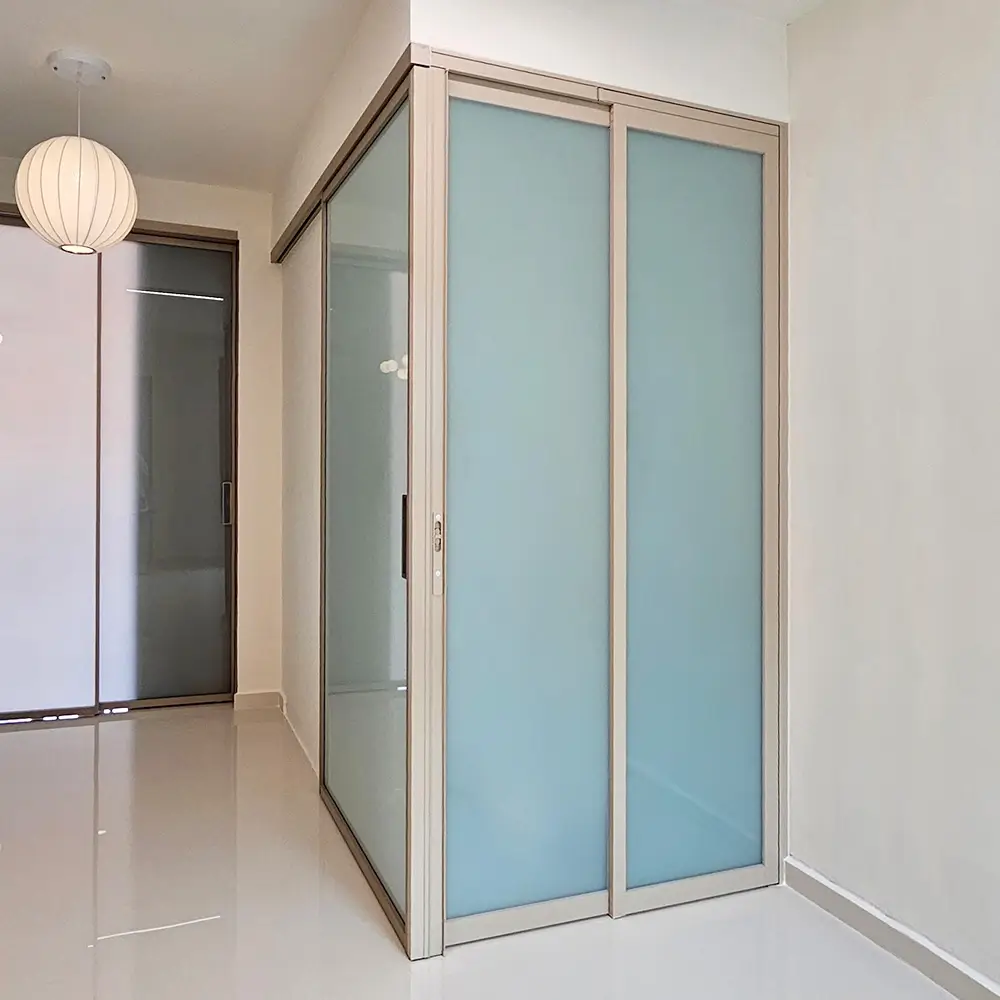 #07 Paper Bark Top Hung Aluminium Framed L-Shaped Sliding Door & Slide-and-Swing Door (SL + VG8 (PD Door 4.0)) with Top Track Sliding System and Slide & Swing System with Invisible VG Hinges in Design O with Panel A: Design Glass LFG Laminated Safety Frosted Glass for Living Room