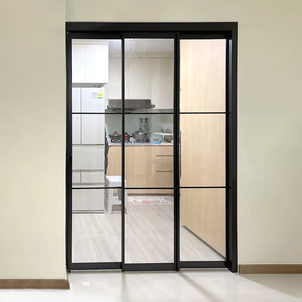 #10 Black Top Hung Aluminium Framed 3 Panel Folding Door (VG2622) with Slide to Fold System and Classy Invisible VG Hinge in Design L with Panel A: Design Glass LCG Laminated Safety Clear Glass for Living Room and Kitchen